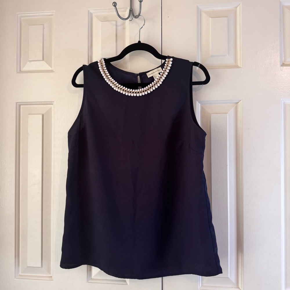 Adrienne Vittadini Navy Blue Sleeveless Top with Pearl Embellished Collar SZ L